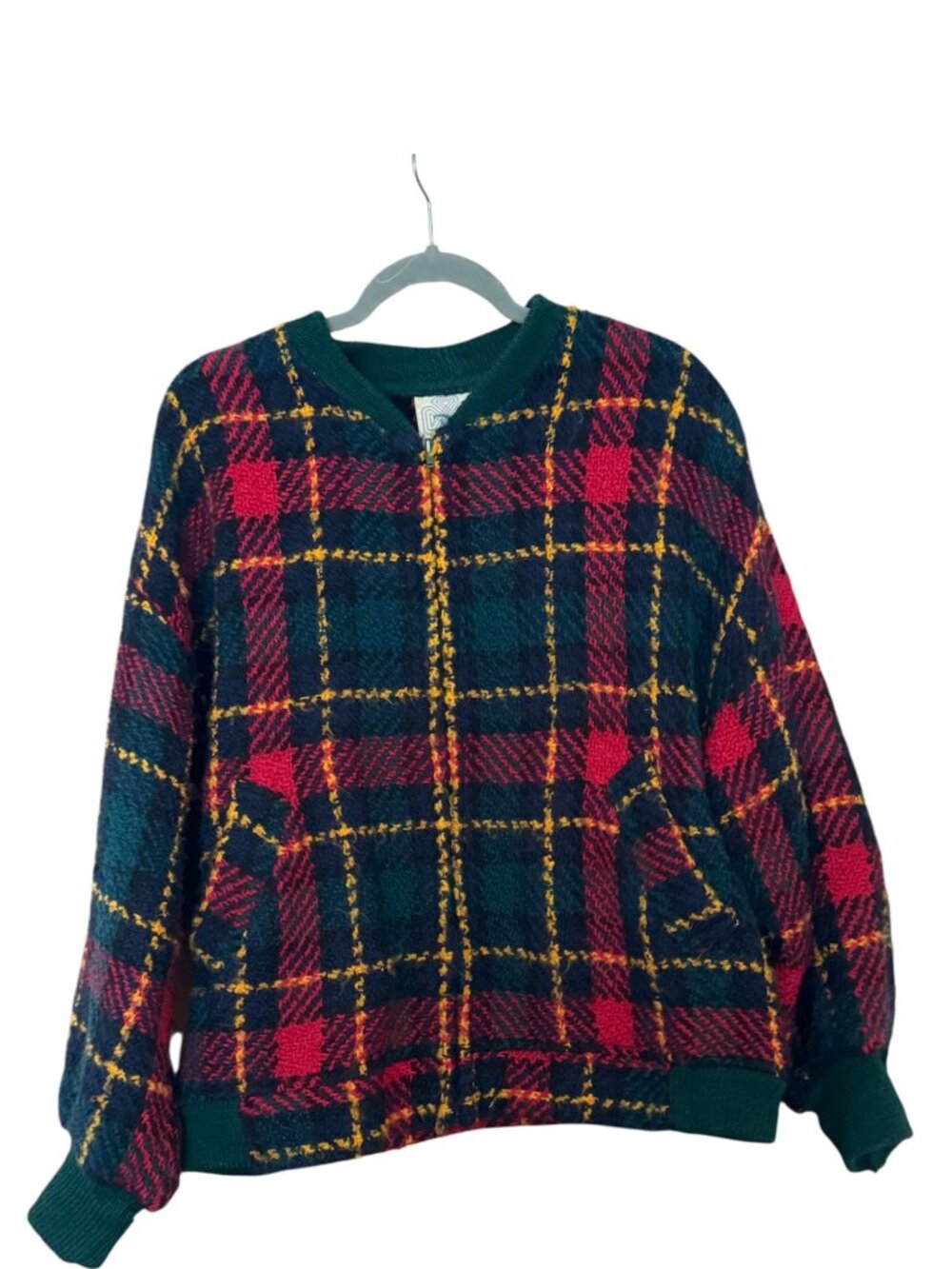 Vintage Boyne Valley Weavers Ireland 100% Wool Plaid Cardigan Jacket L XL